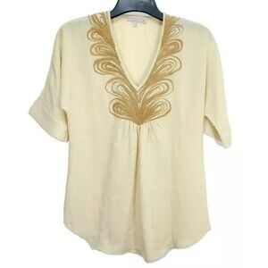 CALYPSO ST BARTH Oatmeal Beige Brocade short Sleeve Tunic Blouse Boho Sz XS EUC